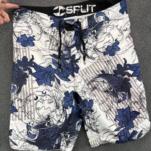 Split Mens Blue White Floral Paisley Graphic Board Shorts Swim Trunks Size 38